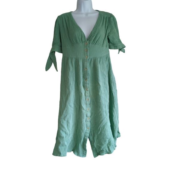 Cider Women M Green Smock Waist Knotted Sleeve Midi DRESS Medium l Deep V Neck - Picture 2 of 7